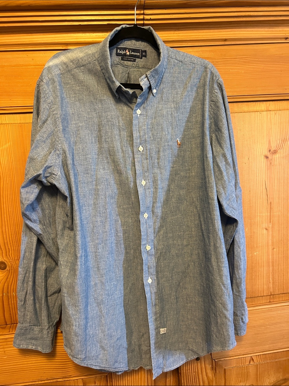 VINTAGE Ralph Lauren Mens Denim Shirt Blue Button Down Long Sleeve Pony 90s XL
